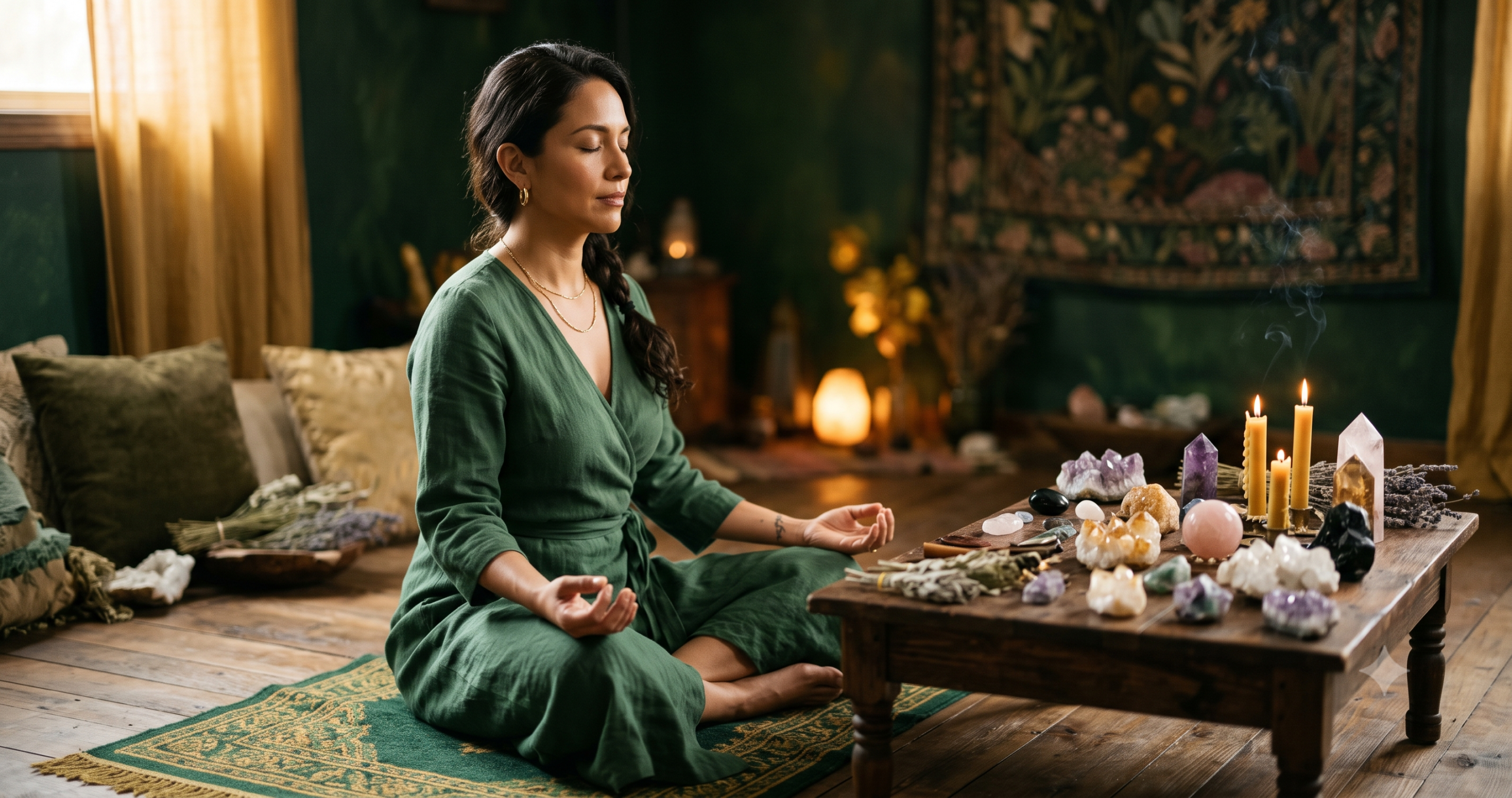 Mujer en meditación durante una sesión de Registros Akáshicos con cristales