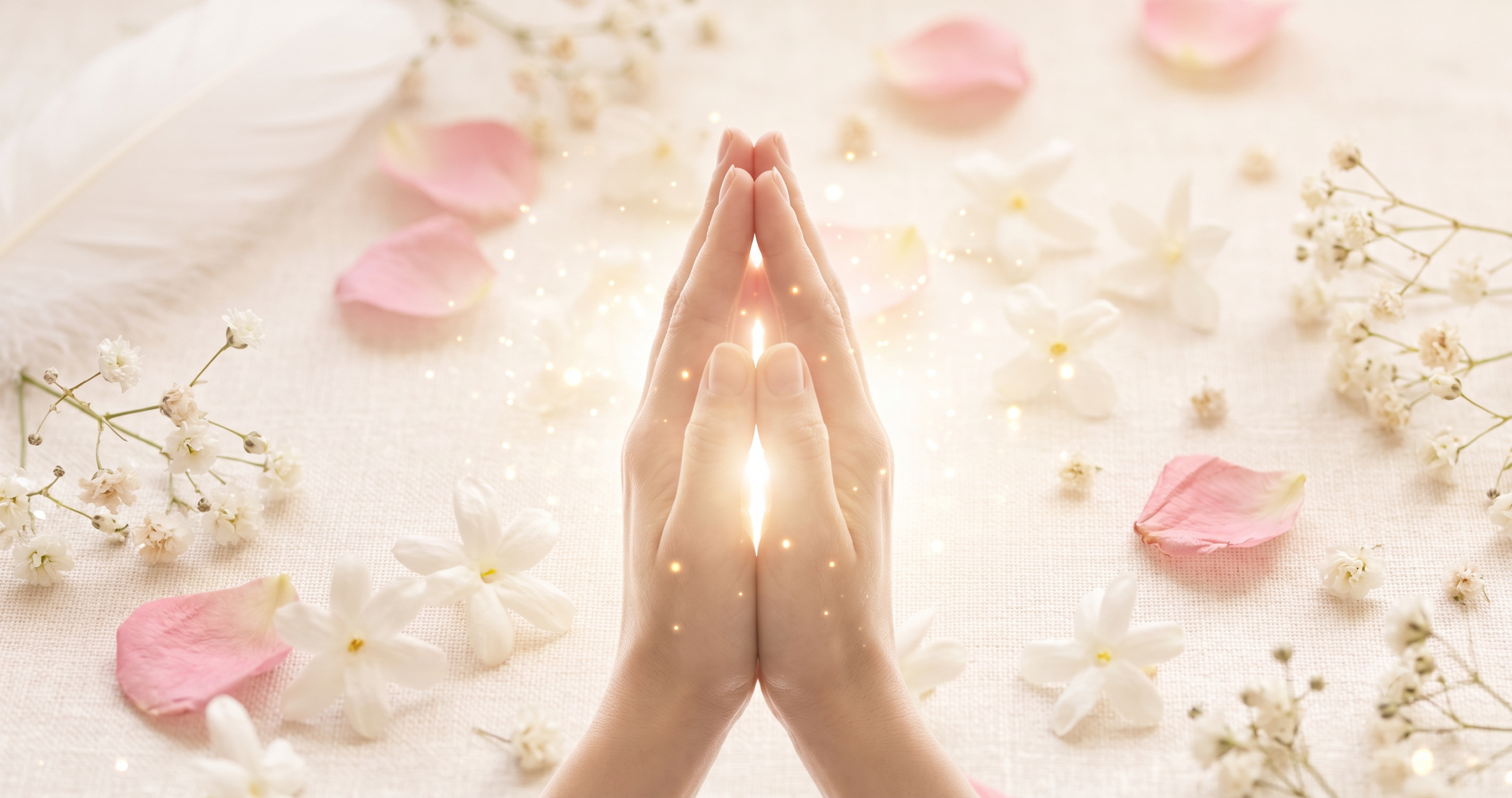 Manos femeninas juntas en gratitud con luz blanca y dorada emanando sobre fondo crema con flores blancas poder espiritual de decir gracias