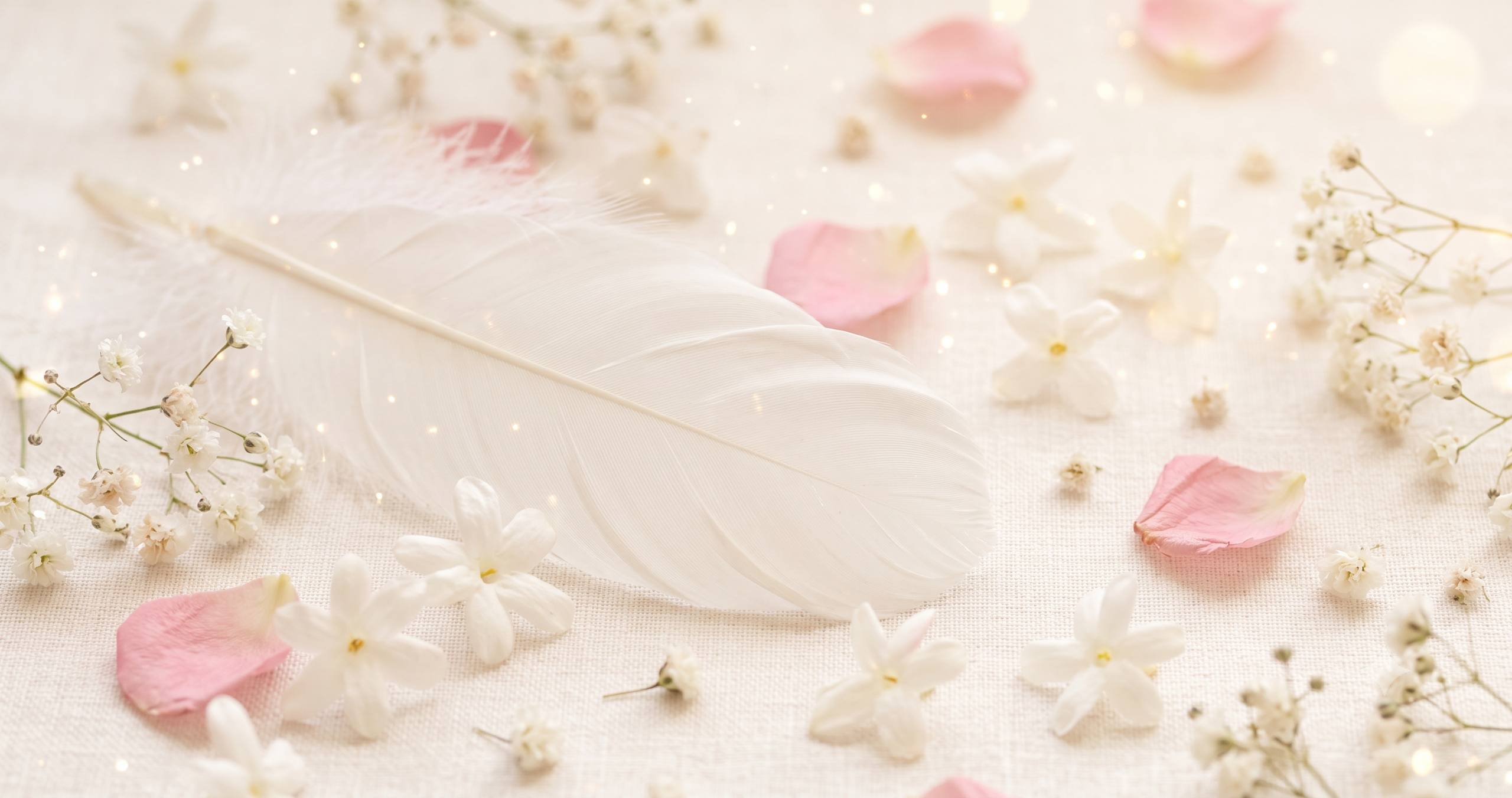 Pluma blanca elegante sobre superficie crema con flores blancas y destellos dorados símbolo angelical