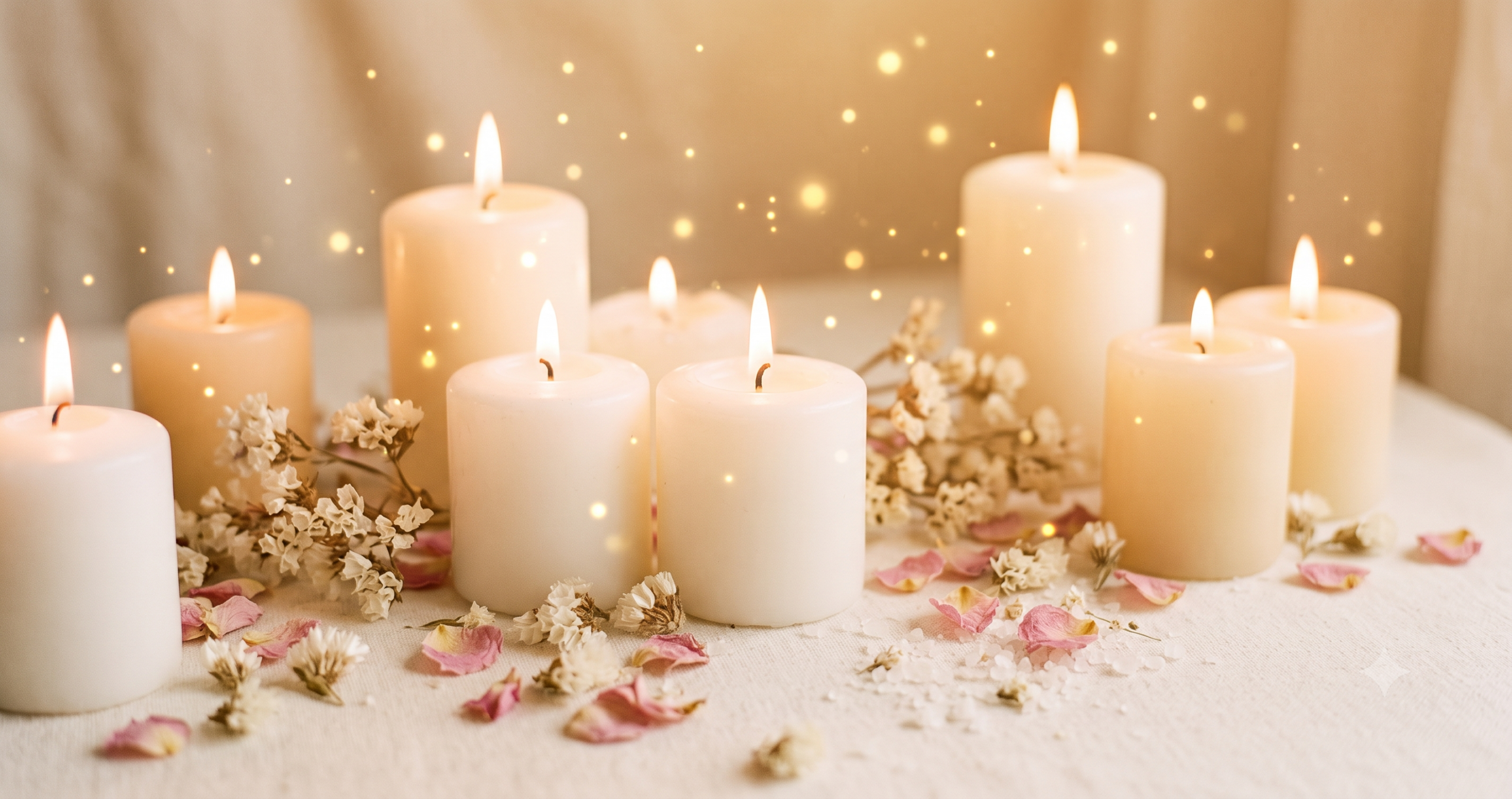 Velas blancas y crema encendidas con flores blancas y partículas de luz dorada evocando presencia angelical de los arcángeles principales