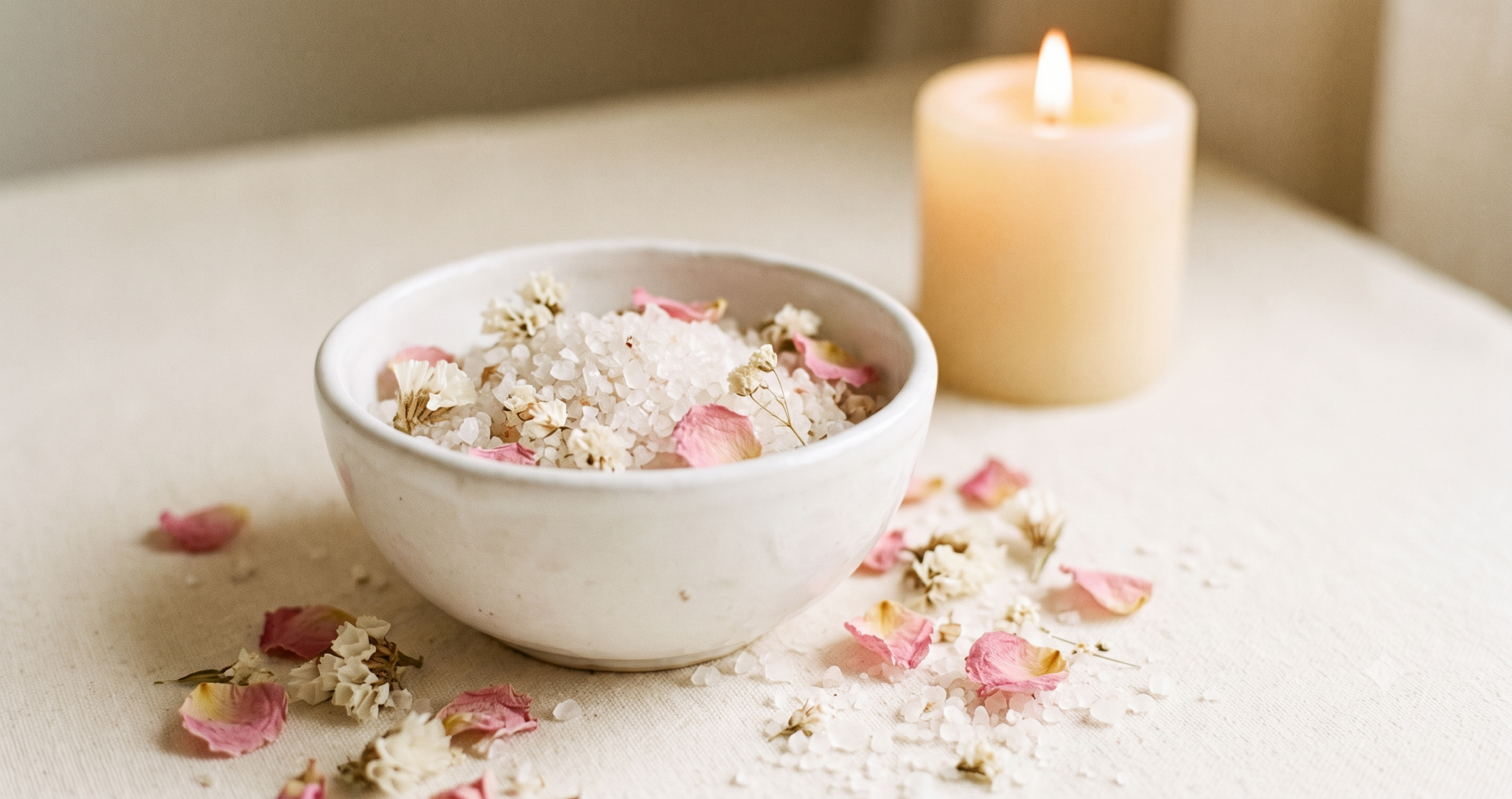 Cuenco de cerámica blanca con sal gruesa flores blancas y vela crema para baño energético de limpieza