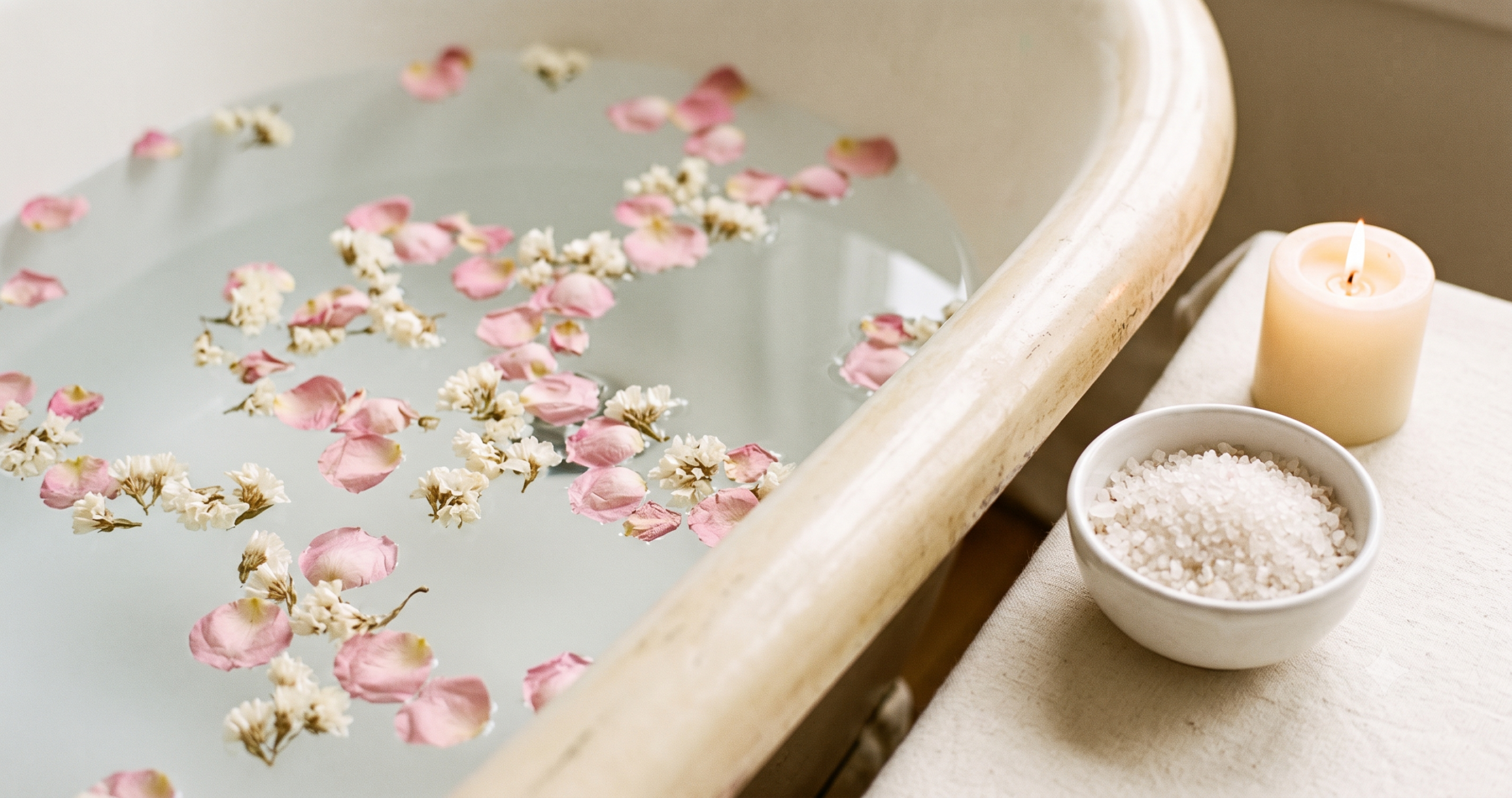 Bañera con agua flores blancas flotando y sal gruesa para ritual de limpieza energética
