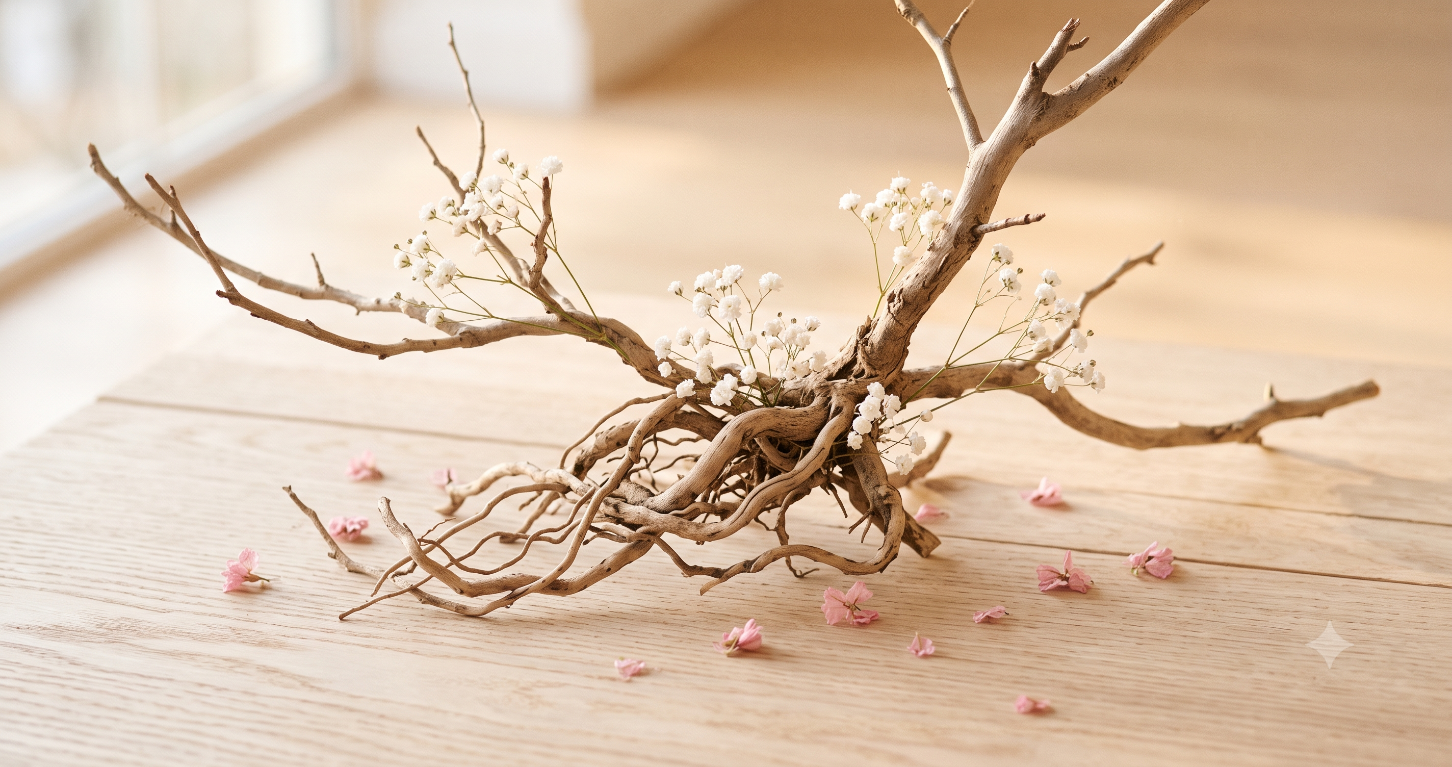 Rama de árbol con raíces entrelazadas y flores blancas sobre madera clara representando el linaje familiar