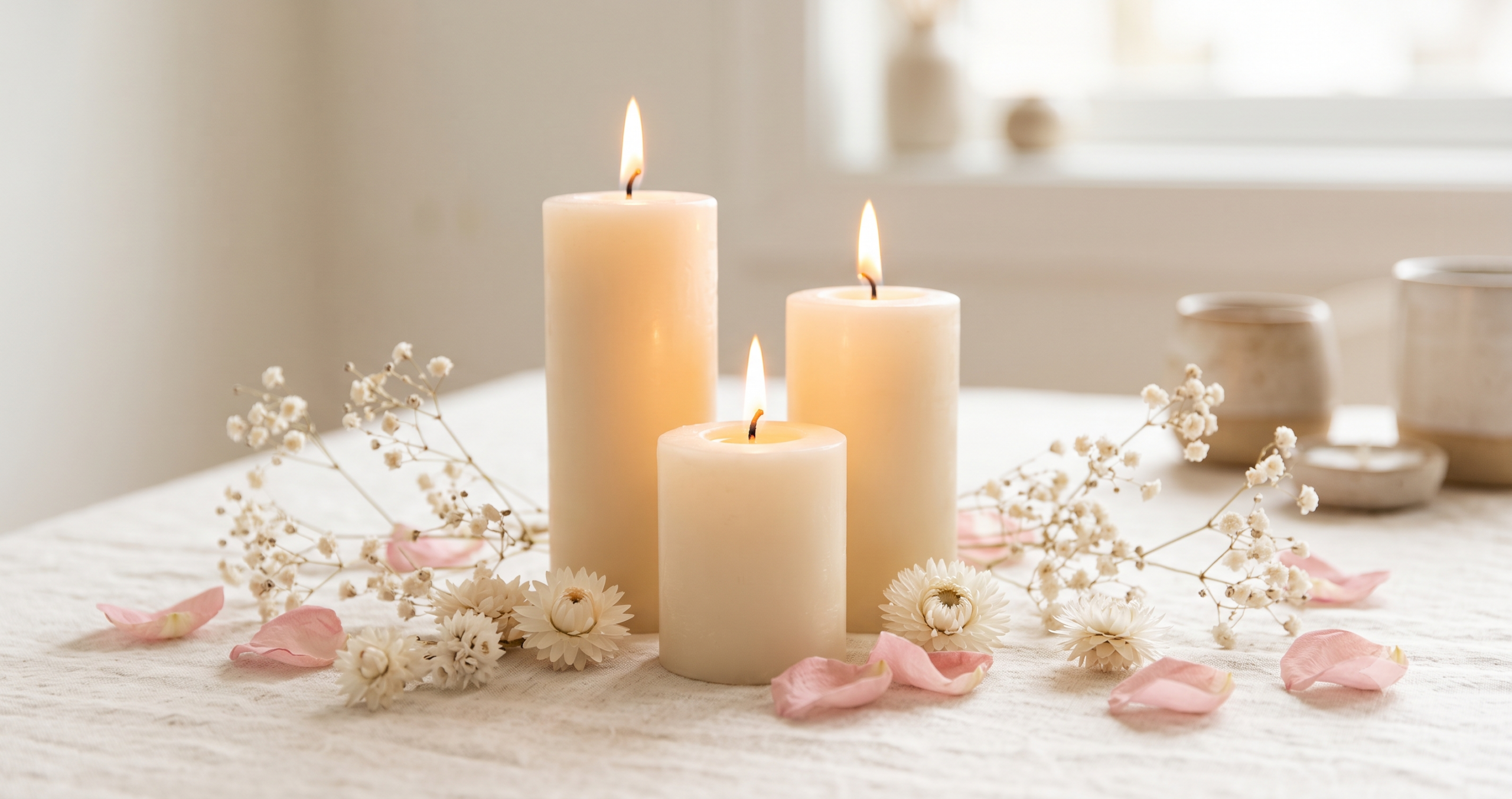 Tres velas crema encendidas con flores blancas y rosas secas evocando unión familiar y sanación en Constelaciones Familiares