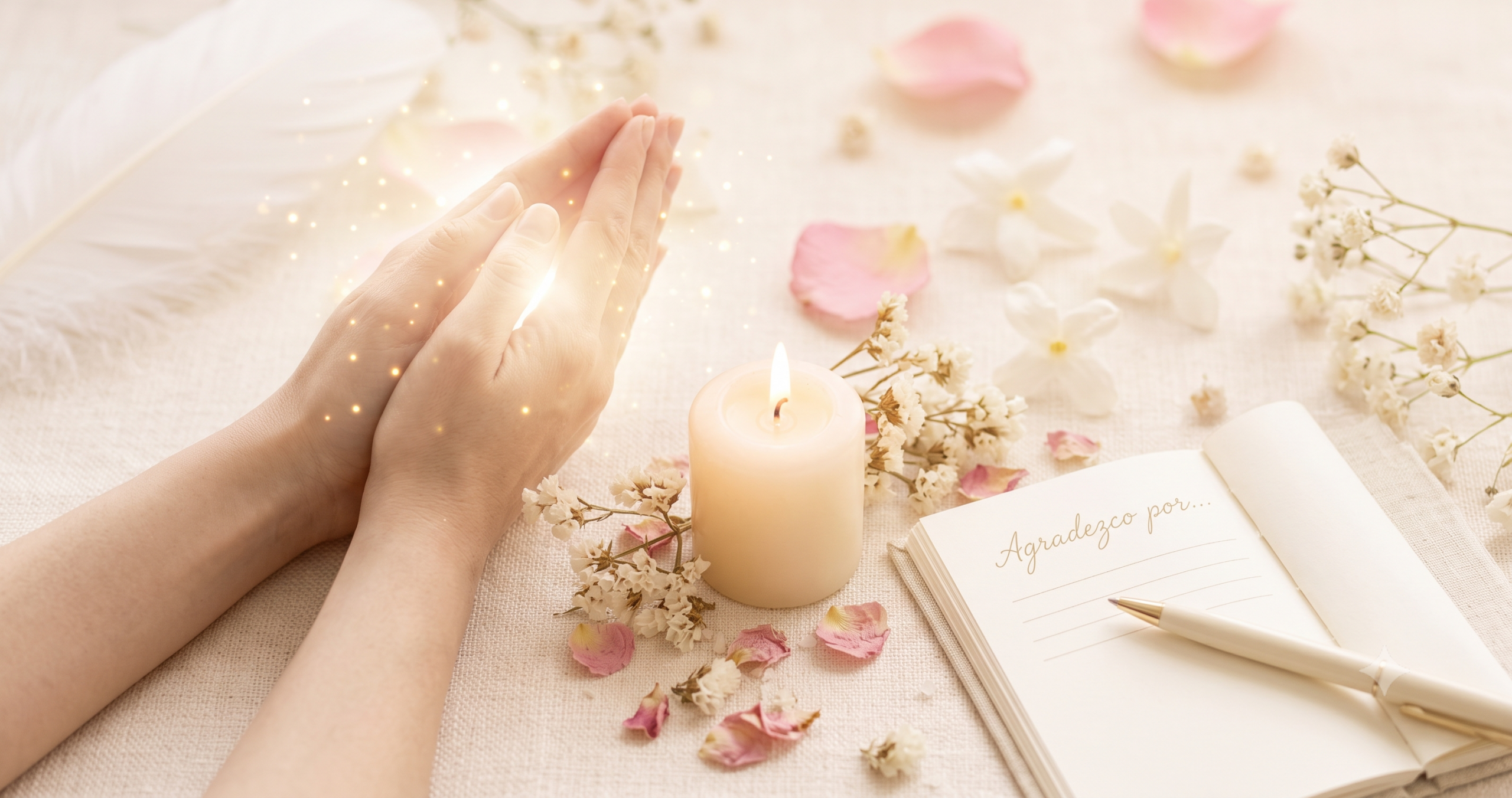 Vela crema encendida con flores blancas y rosas junto a cuaderno abierto y pluma sobre superficie crema