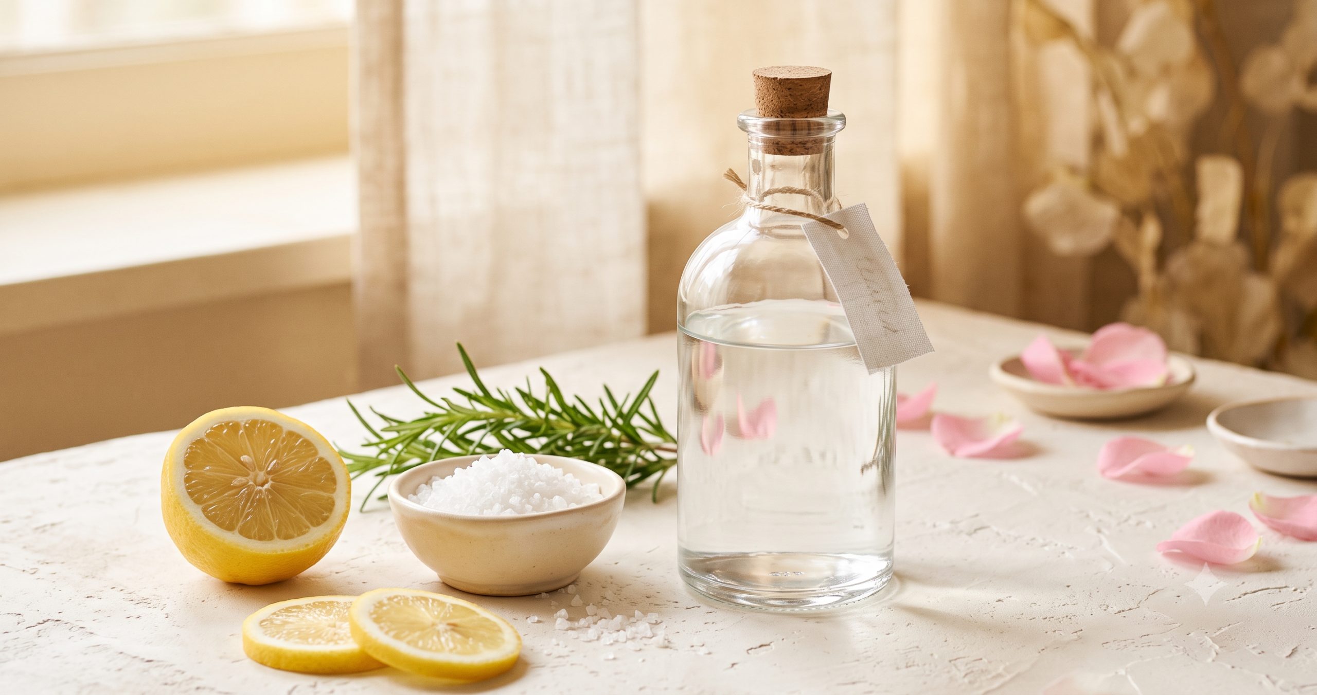 Botella de vidrio con vinagre limón cortado sal gruesa y romero sobre superficie crema ingredientes para limpieza energética del hogar