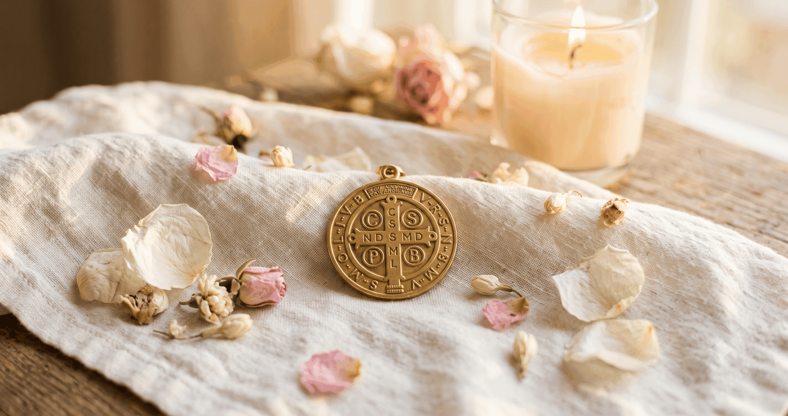 Medalla de San Benito dorada sobre superficie crema con flores secas y vela encendida