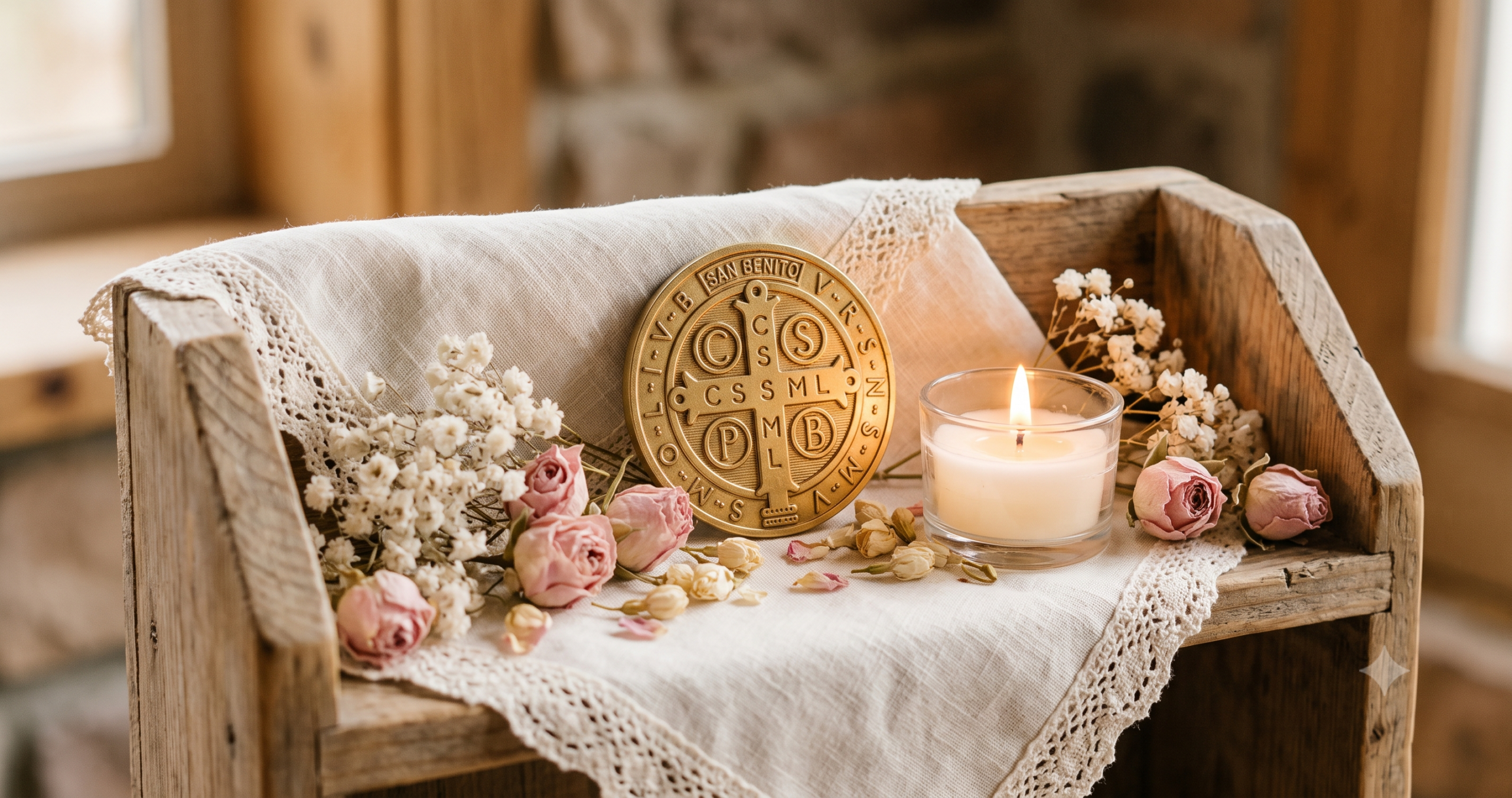 Medalla de San Benito dorada en altar con vela blanca y flores secas