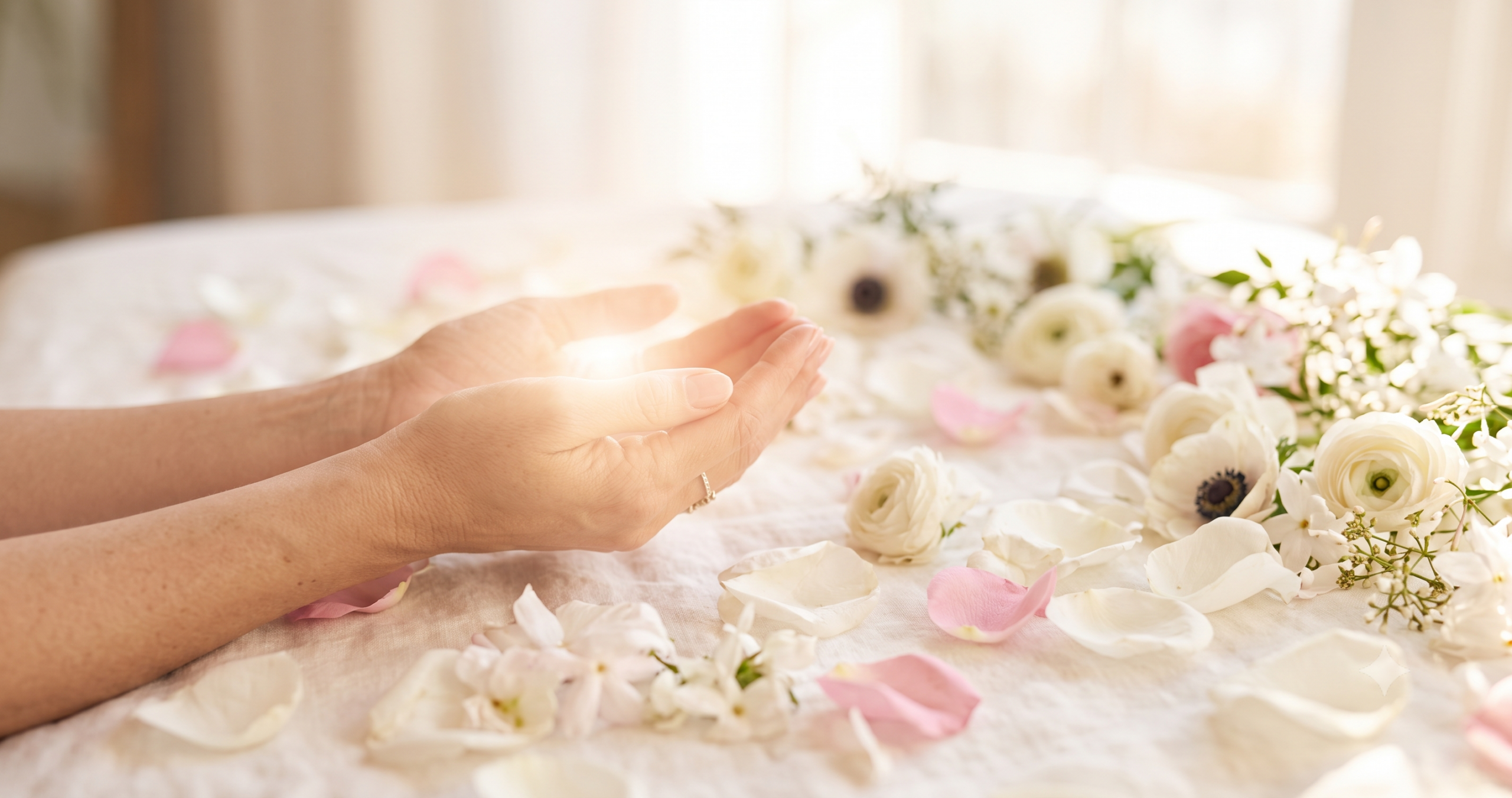 Manos femeninas juntas en oración recibiendo luz blanca suave sobre fondo crema para protección energética