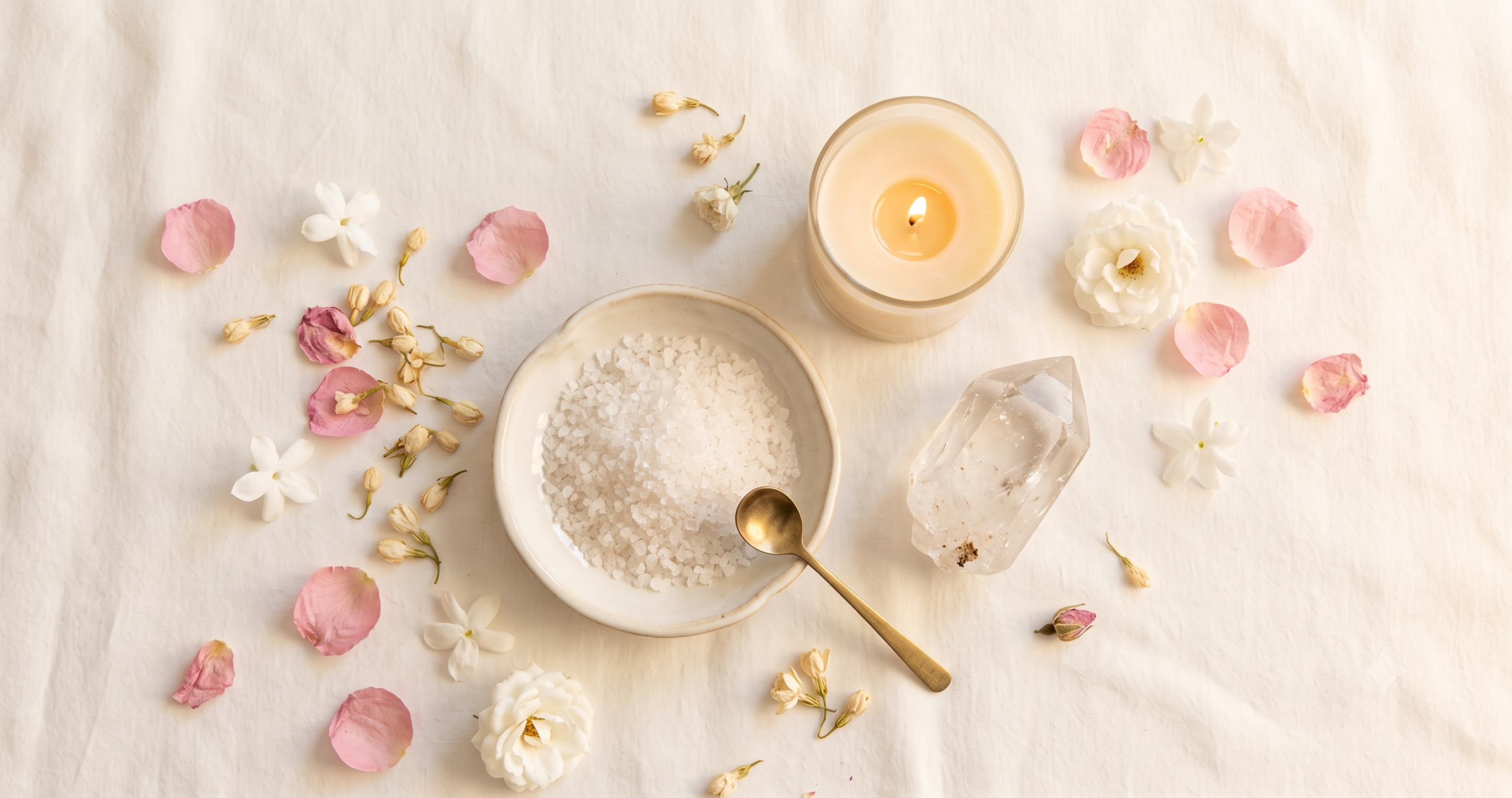 Flatlay de sal gruesa, cuarzo transparente, vela crema y pétalos blancos sobre superficie crema