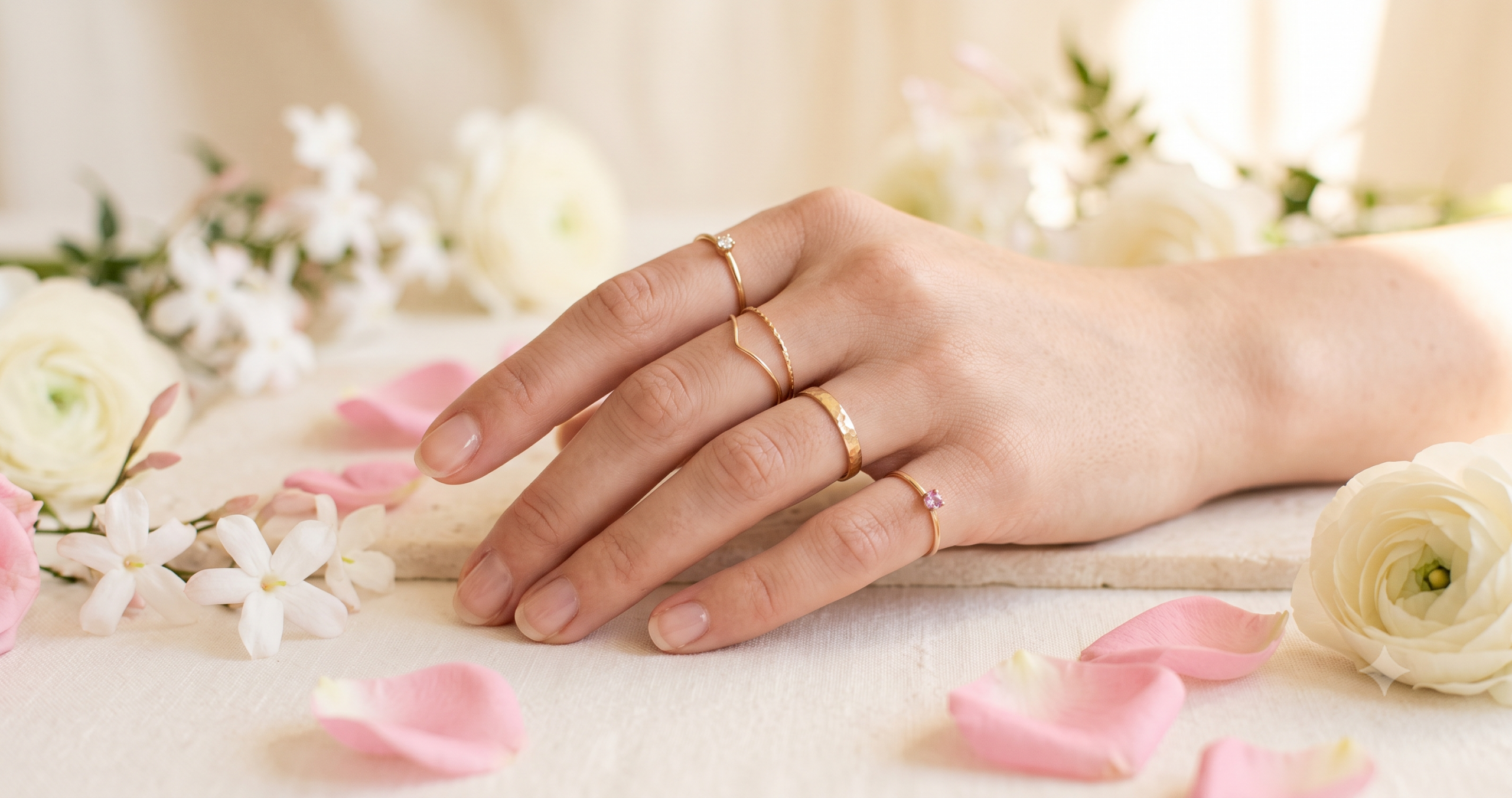 Mano femenina con anillos dorados finos en distintos dedos sobre fondo crema con flores blancas y pétalos rosas significado espiritual de los anillos