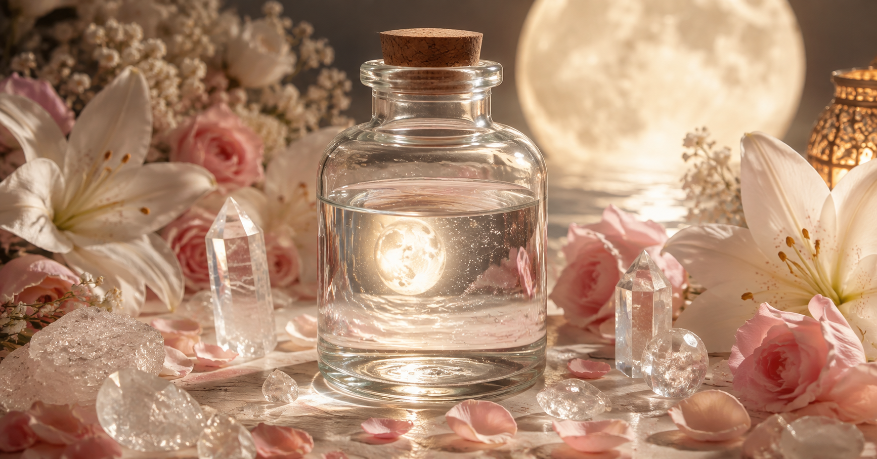 Frasco de vidrio con agua de luna sobre superficie crema con cristales de cuarzo transparente y flores blancas bajo luz plateada para ritual de agua de luna llena