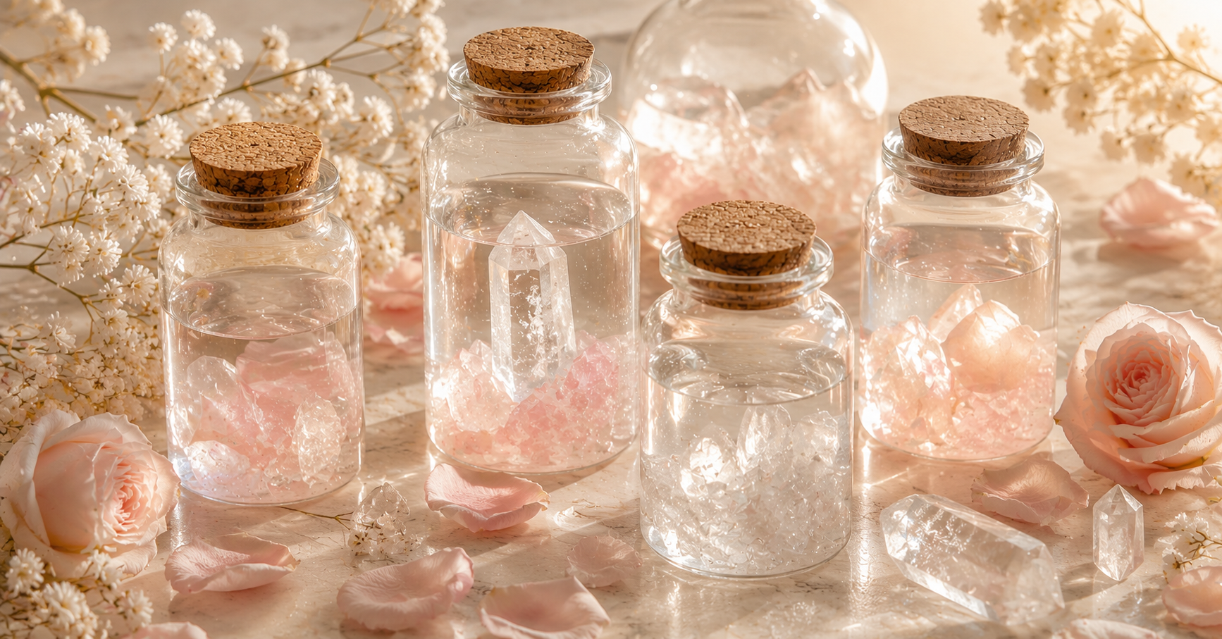 Varios frascos de vidrio con agua y cristales de cuarzo rosa y transparente sumergidos con flores blancas y pétalos rosas para preparar agua de luna energizada