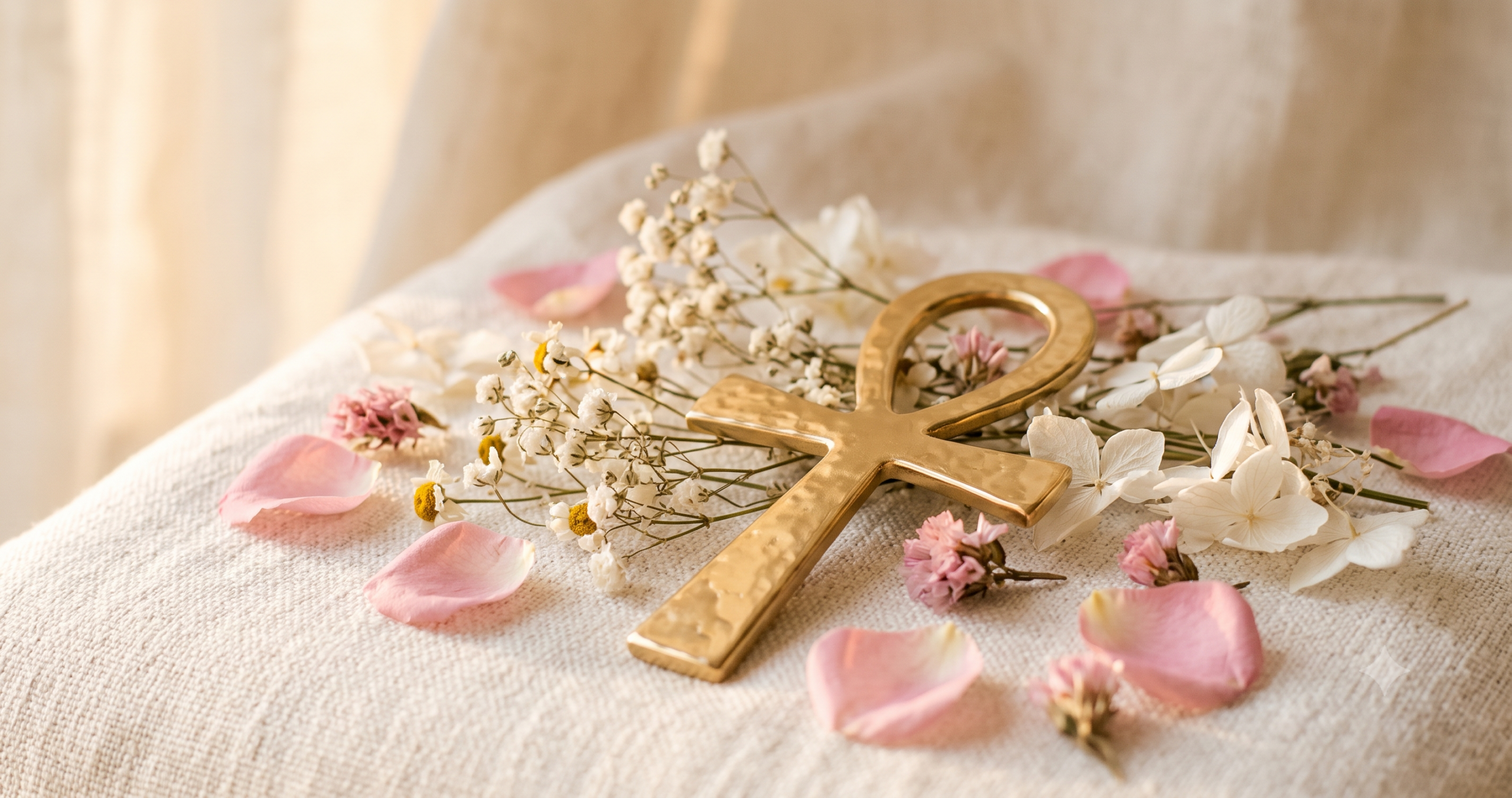 Cruz de Ankh dorada sobre superficie crema con flores blancas y pétalos rosas símbolo egipcio de vida eterna y sanación energética