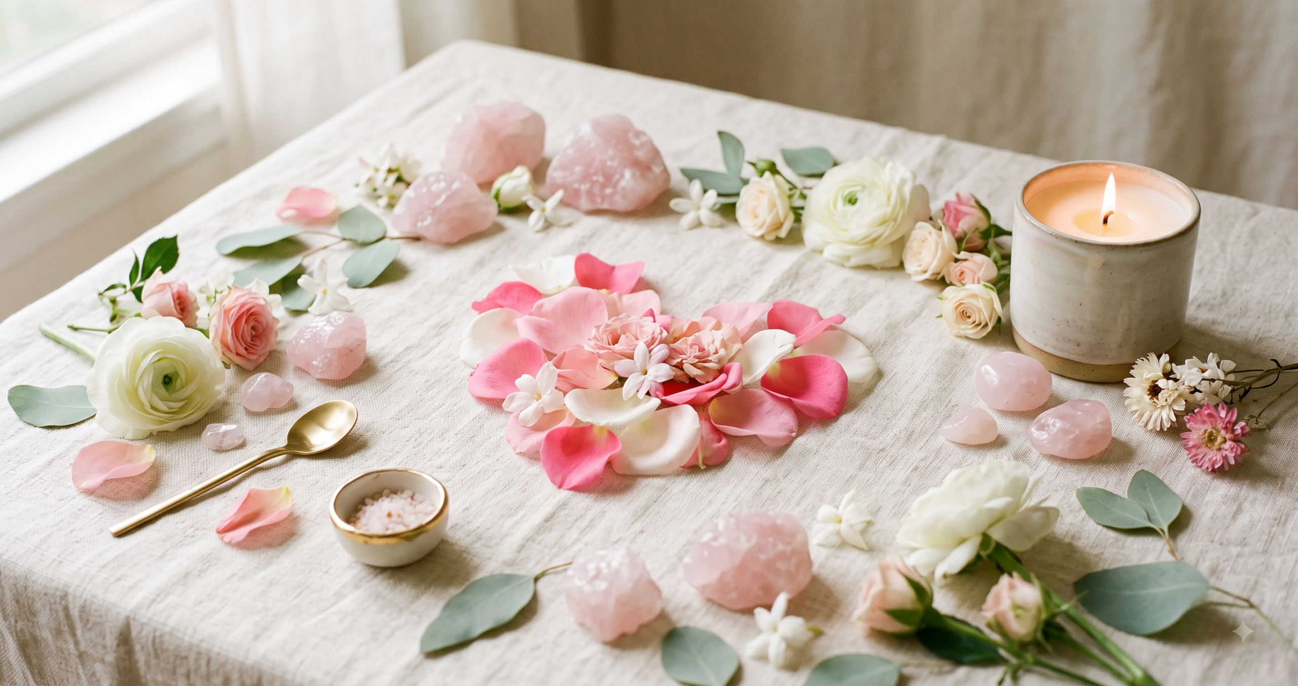 Cuarzo rosa con vela crema encendida y flores blancas sobre superficie crema para sanación del niño interior