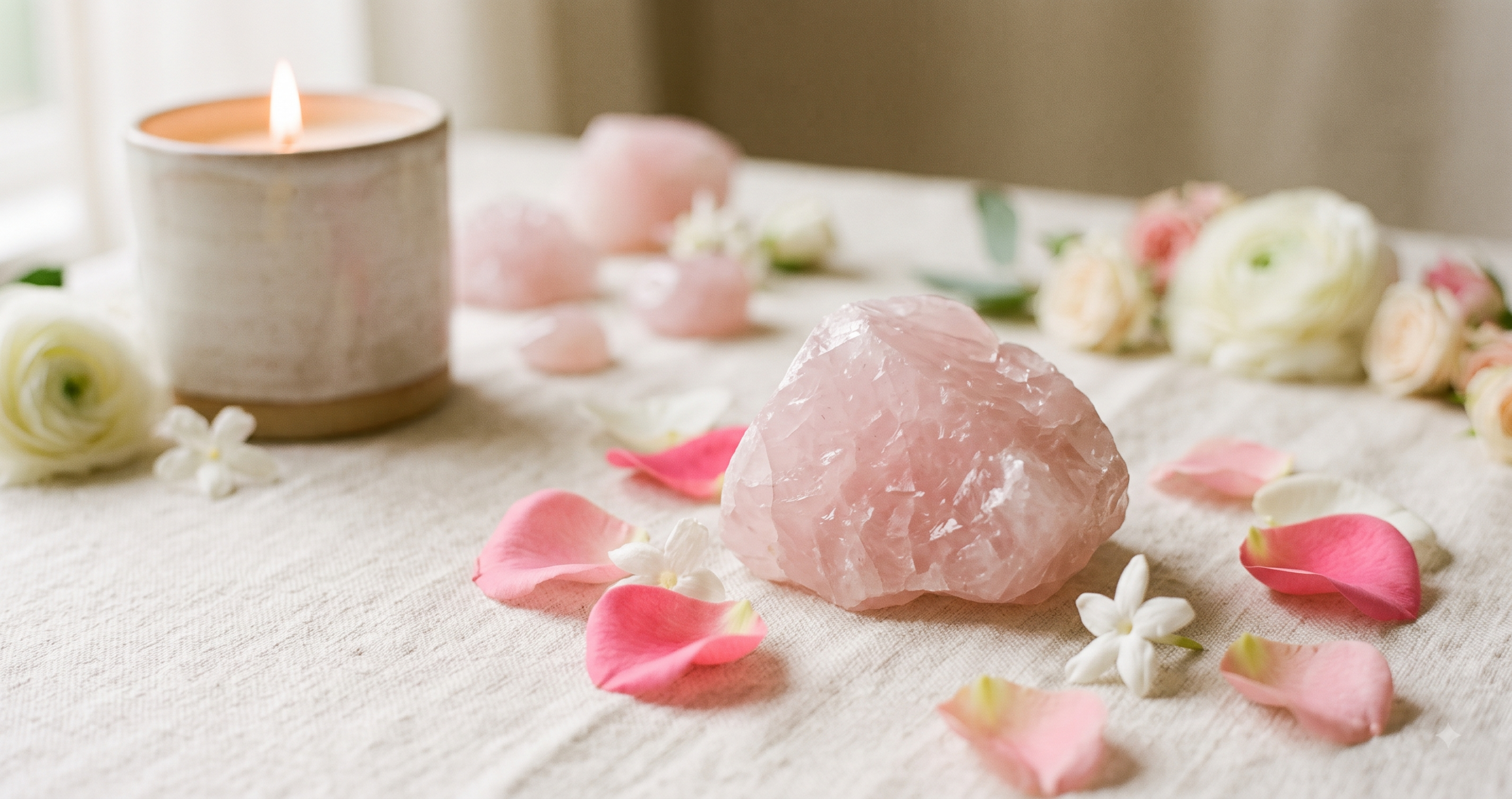 Cuarzo rosa con vela crema encendida y flores blancas sobre superficie crema para sanación del niño interior y amor propio