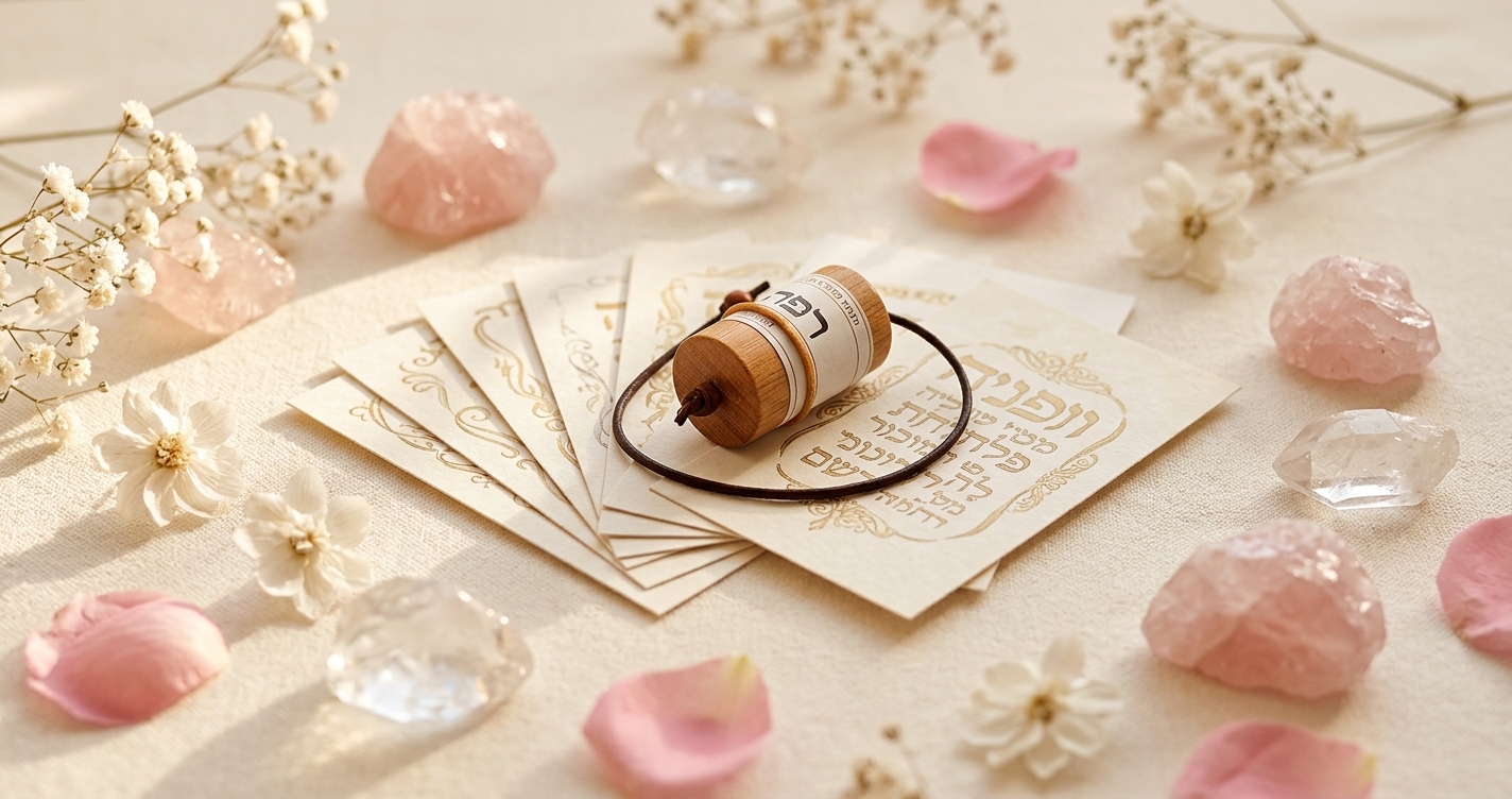Péndulo hebreo sobre tarjetas con letras hebreas decorativas y cristales de cuarzo rosa sobre superficie crema para artículo sobre qué es el Péndulo Hebreo